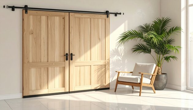 Modern Farmhouse Double Barn Doors with Natural Wood Finish and Cozy Armchair Corner.