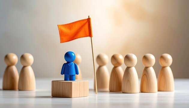 Blue Leader Figure Standing on Podium with Orange Flag and Wooden Followers.