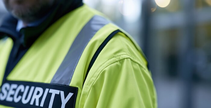 Close up of security guard wearing yellow high visibility vest outdoors