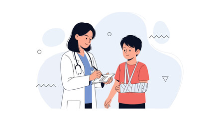 Fototapeta premium Doctor Examines Young Patient with Broken Arm in Modern Flat Illustration Style