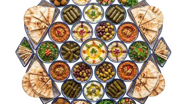 Middle Eastern mezze platter with hummus and pita bread, traditional Lebanese appetizers and snacks, Mediterranean food assortment for catering isolated PNG with Transparent Background