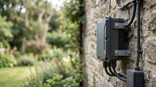 Outdoor electrical equipment junction box mounted on a stone garden wall