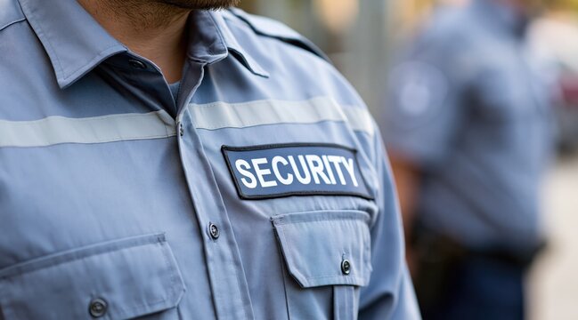 Close up of security guard in blue uniform with patch
