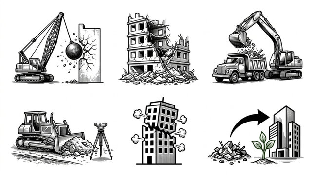 Construction and demolition equipment working on buildings and sites.