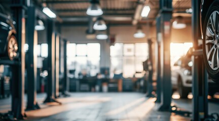 Blurred interior of modern auto repair shop with car lift and workstation