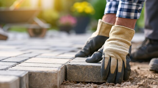 Landscaper installing stone pavers for outdoor patio construction
