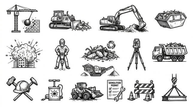 Construction and Demolition Equipment and Symbols Hand Drawn Sketch Style.