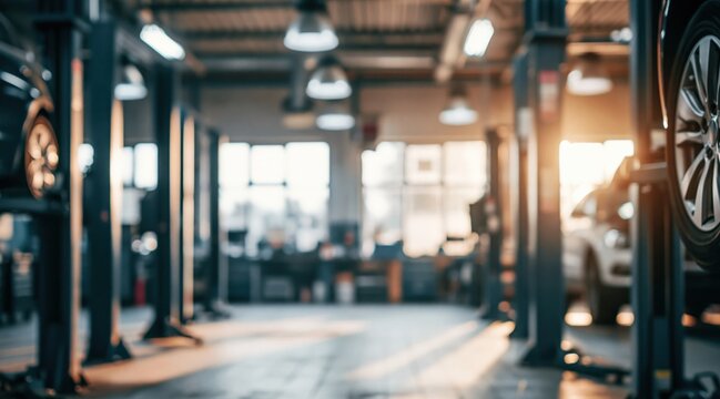 Blurred interior of modern auto repair shop with car lift and workstation
