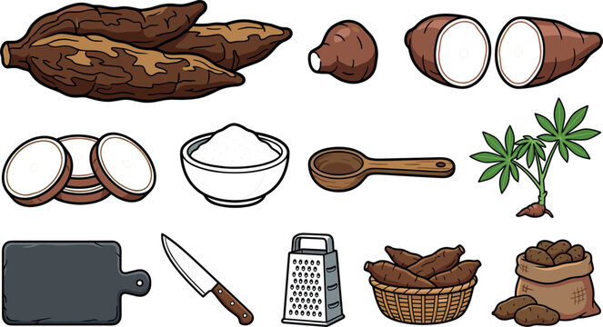 Fresh Cassava Root and Tapioca Flour Vector Icon Set with Slices Grater Knife Board Basket Sack and Plant Elements for Culinary Agriculture Designs