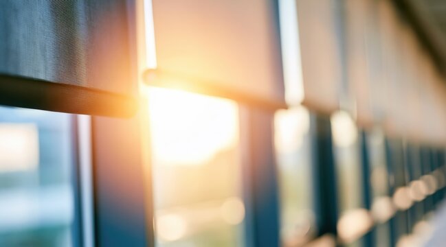 Close up of roller blinds on office window with bright sunlight flare