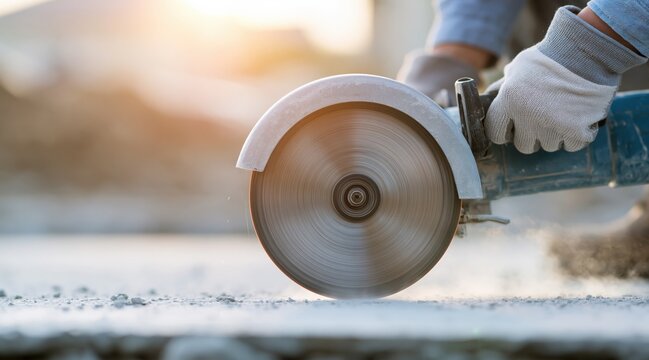Construction worker cutting concrete with electric circular saw