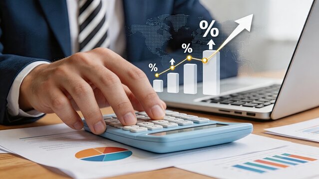 Close up of hand using calculator with financial charts, percentage growth arrow, world map background, investment analysis, accounting report, budget planning, economic forecast