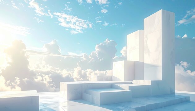 Abstract White Geometric Structures Under Bright Sky.