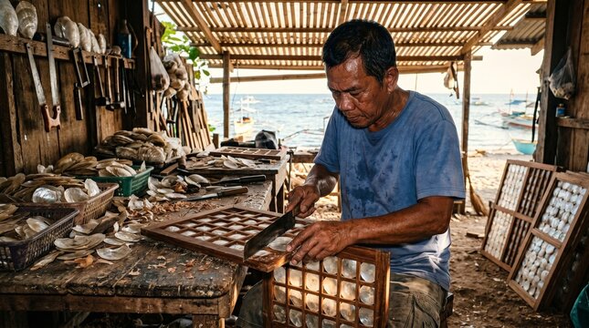 Traditional Filipino artisan crafting capiz shell window panels in his seaside workshop.