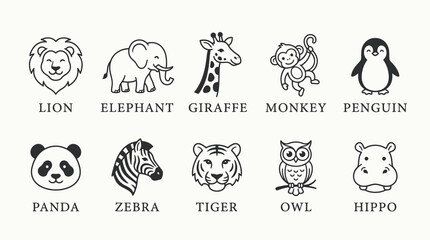 Fototapeta premium Clean Outline Animal Faces and Characters Vector Set