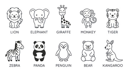 Obraz premium Cute Cartoon Animal Outline Line Art Vectors for Kids