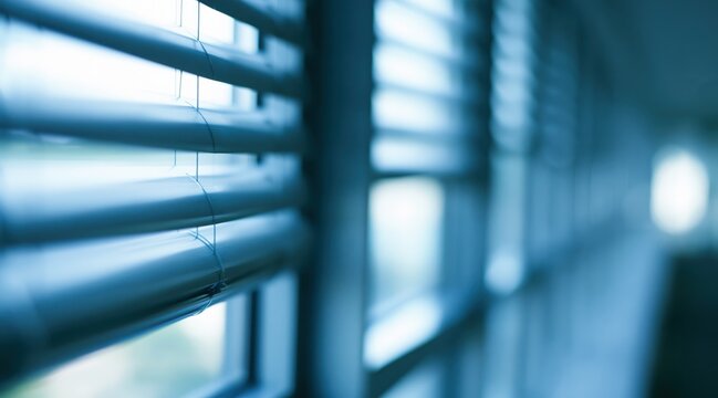 Close up of blue venetian blinds on office window with bokeh background
