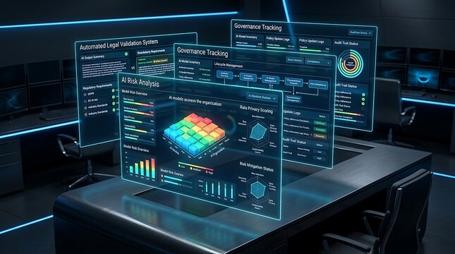 Multiple computer monitors display data analysis on a desk in a dark room