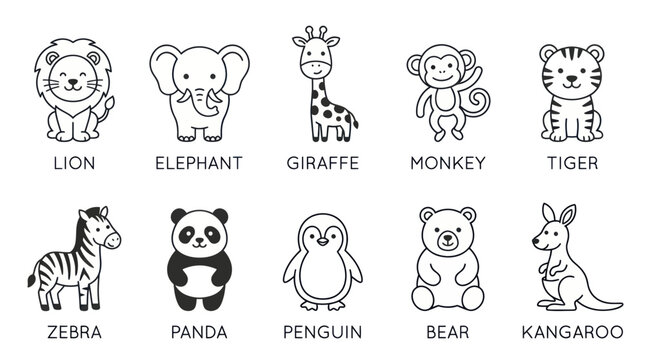 Cute Cartoon Animal Outline Line Art Vectors for Kids