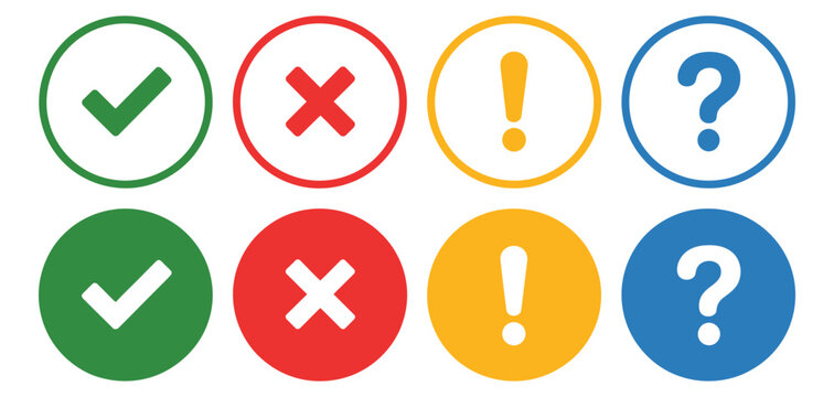 Checklist vector icon set, multicolor tick cross exclamation and question mark symbols, yes no true false task list indicators.