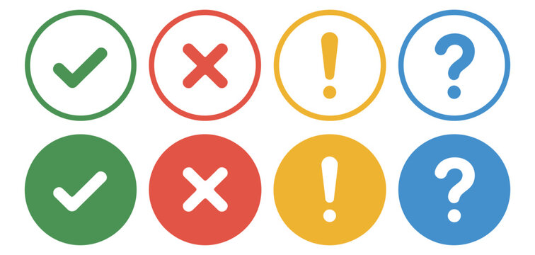 Checklist vector icon set, multicolor tick cross exclamation and question mark symbols, yes no true false task list indicators.