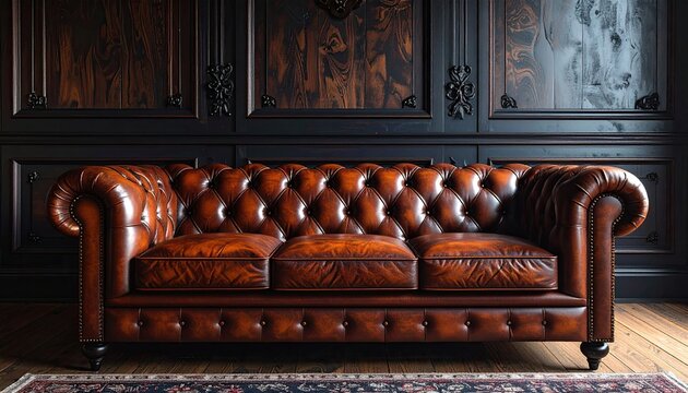 Luxurious Vintage Chesterfield Sofa in a Dark, Elegant Room.