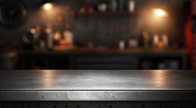 Metal workbench surface in blurred industrial workshop background