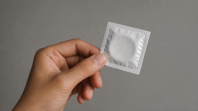 Hand holding a packaged condom for safe sex and sexual health awareness on gray background