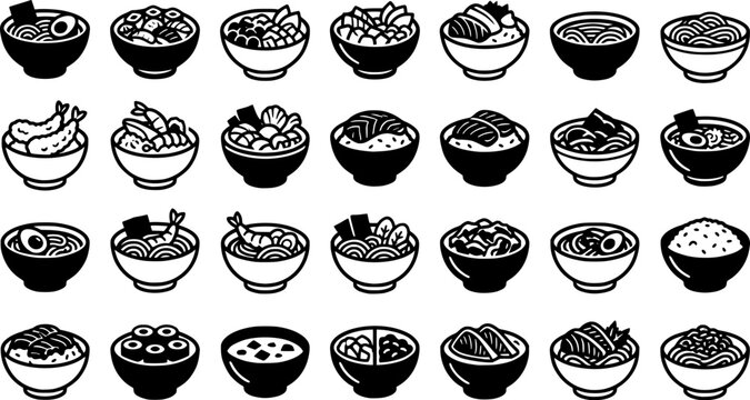 Japanese Food Bowl Icons Set Vector Illustration, Ramen, Sushi, Poke Bowl, Sashimi and Asian Cuisine Silhouette Collection