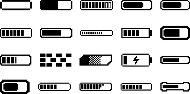 Pixel Loading Bar Icons Set Vector Illustration, Retro Progress Bars, Download Status and Battery Level UI Indicators Collection