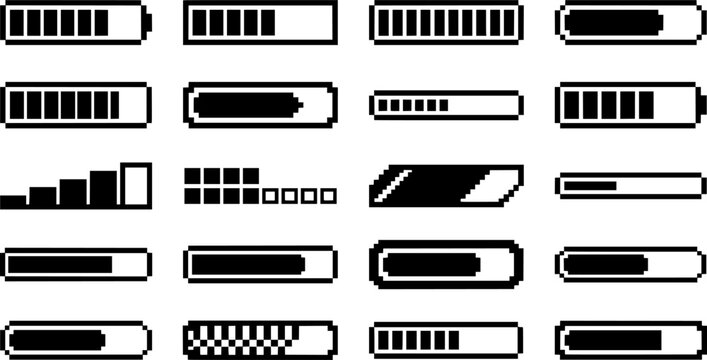 Pixel Loading Bar Icons Set Vector Illustration, Retro Progress Bars, Download Status and Battery Level UI Indicators Collection