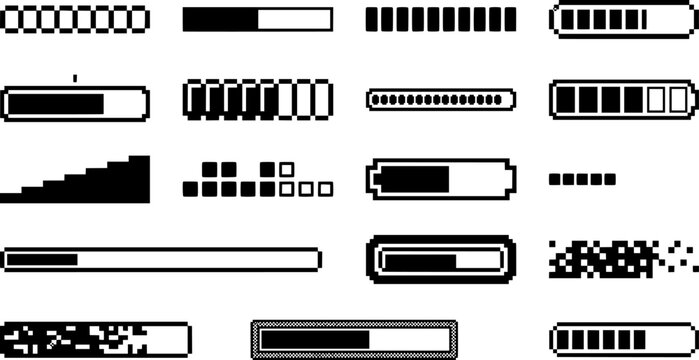 Pixel Loading Bar Icons Set Vector Illustration, Retro Progress Bars, Download Status and Battery Level UI Indicators Collection