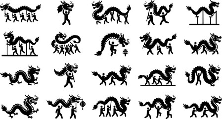 Fototapeta premium Chinese Dragon Dance Silhouette Icons Set Vector Illustration, Lunar New Year Festival Parade and Traditional Asian Celebration Collection
