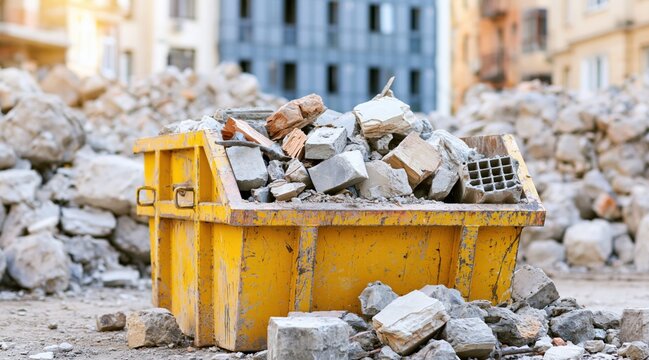 Yellow skip bin overflowing with concrete debris and rubble at construction site