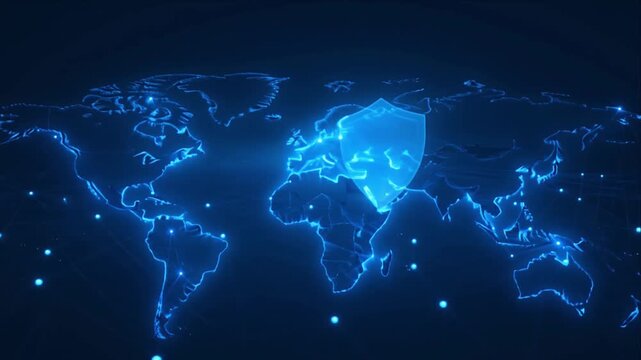Cybersecurity digital shield global network data protection cyber defense world map blue technology secure connection glowing line internet security concept with global connection and information