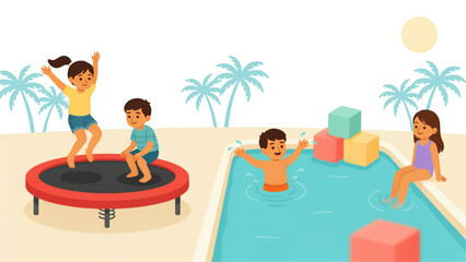 Fototapeta premium Family having fun on a trampoline by the pool with colorful umbrellas and palm trees