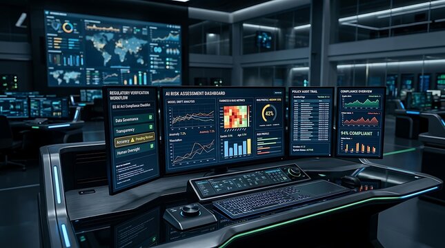 Operators monitor multiple computer screens displaying data analytics in a control room.