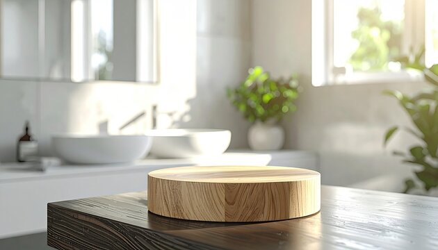 Minimalist Bathroom Countertop with Wooden Display Stand and Natural Light.
