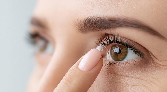 Woman applying contact lens to brown eye
