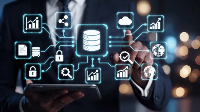 Database management and data storage technology for business. Network connection with cloud computing, server, security encryption and analytics. Digital information system with global access,