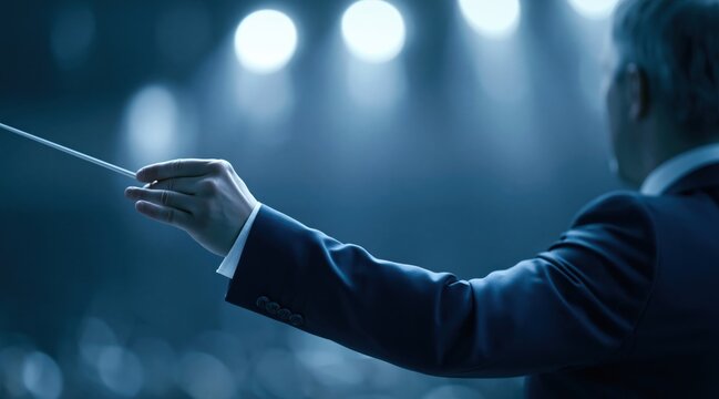 Male conductor leading orchestra with baton on stage