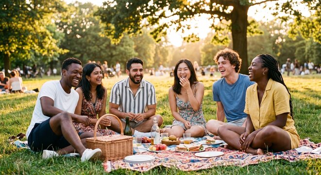 Diverse Multiracial Group of Young Friends Laughing at Outdoor Summer Picnic Authentic Candid Joyful Lifestyle