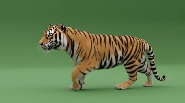 Tiger walking on green background