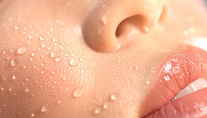 Fototapeta premium Micro Water Droplets on Hydrated Skin, Beauty Hydration and Skincare Science Concept