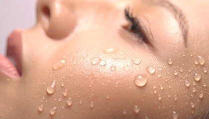 Fototapeta premium Micro Water Droplets on Hydrated Skin, Beauty Hydration and Skincare Science Concept