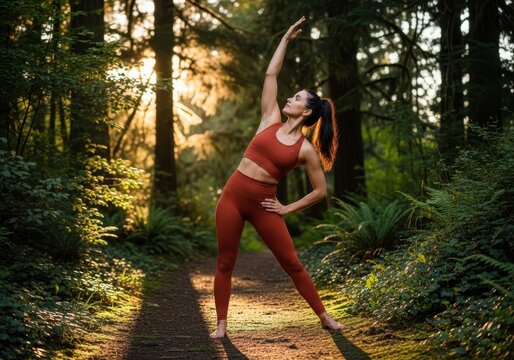 Woman practicing yoga in forest at sunset