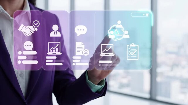 Business management and human resource interface with team network communication. Corporate professional touching a digital screen with growth analytics, recruitment, and performance evaluation tools