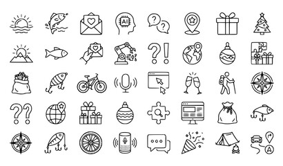 Fototapeta premium Mixed Outline Icon Pack – Sunrise, AI, Gift, Fishing, Christmas and Mountain Bike Symbols