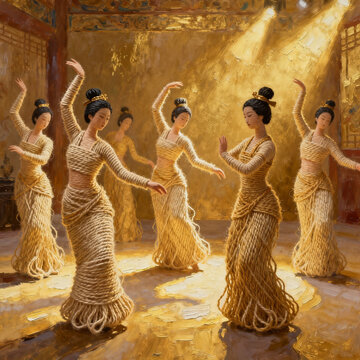 Impasto Oil Painting of Ancient Chinese Palace Dancers Weaved With Natural Hemp Rope Under Golden Light