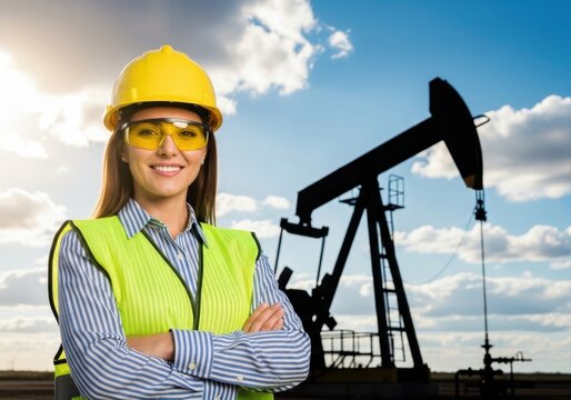 Female engineer in hard hat and safety vest at oil field